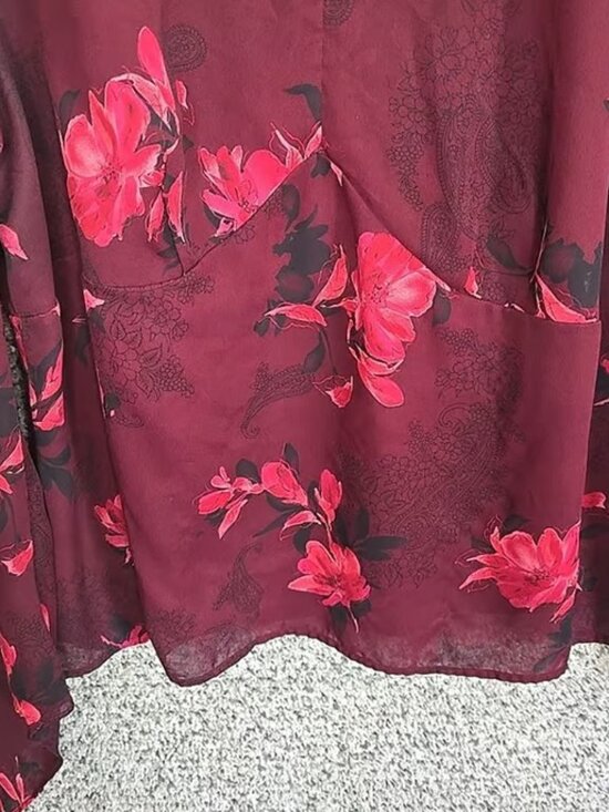 Lane Bryant Top Womens Plus 20 Burgundy Floral Print Sheer Blouse V Neck Ladies - Picture 5 of 7